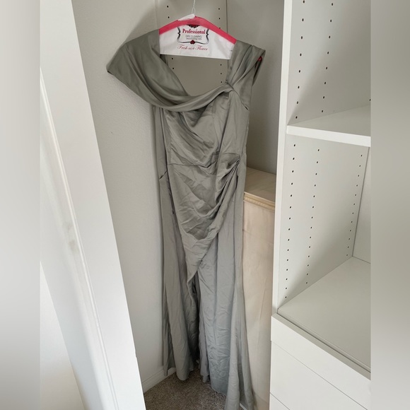 ASOS EDITION satin bardot drape wrap maxi dress in sage green - Picture 6 of 6